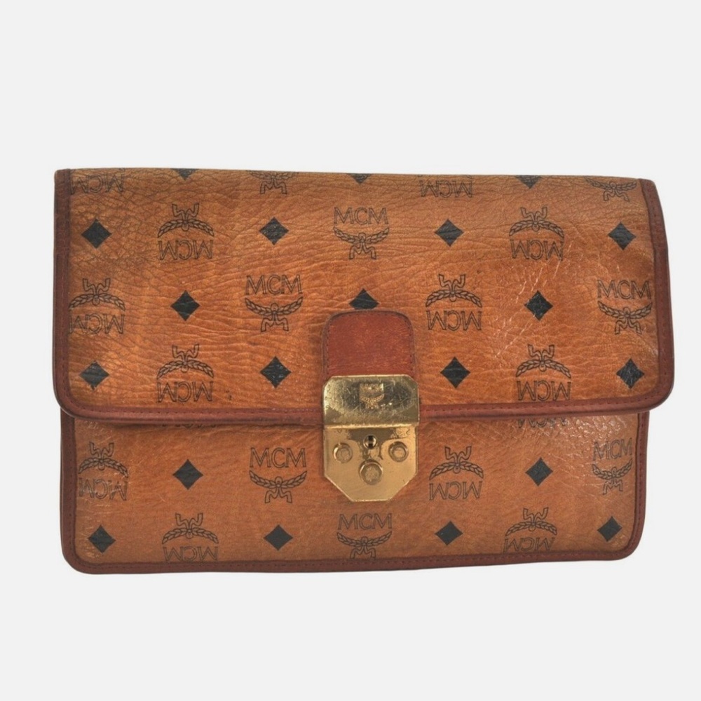 MCM Brown Leather Lock Monogram Bag